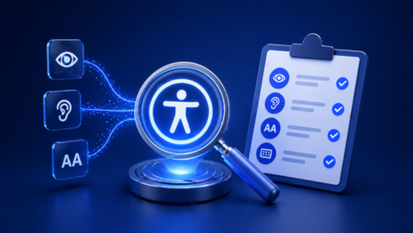 Accessibility icons with a magnifying glass and checklist clipboard, highlighting vision, hearing, and text size features in a blue-toned setting.