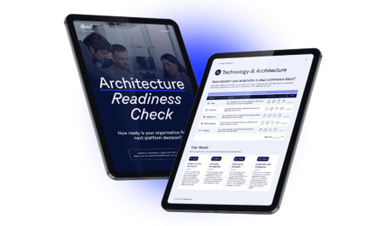 Two tablets displaying an "Architecture Readiness Check" guide on the left and a "Technology & Architecture" report on the right.
