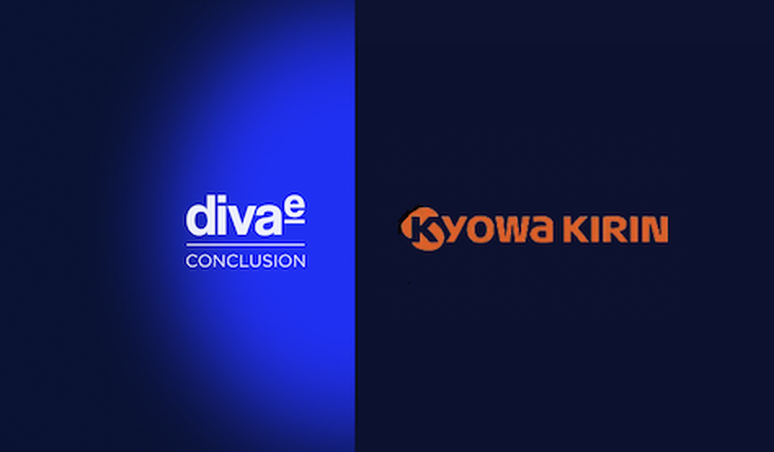 Split image with "diva-e CONCLUSION" in white on blue background and "Kyowa KIRIN" in orange on black background.