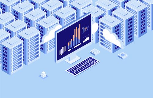 Isometric illustration of server racks surrounding a computer displaying data analysis charts, with cloud icons nearby, in a tech environment.