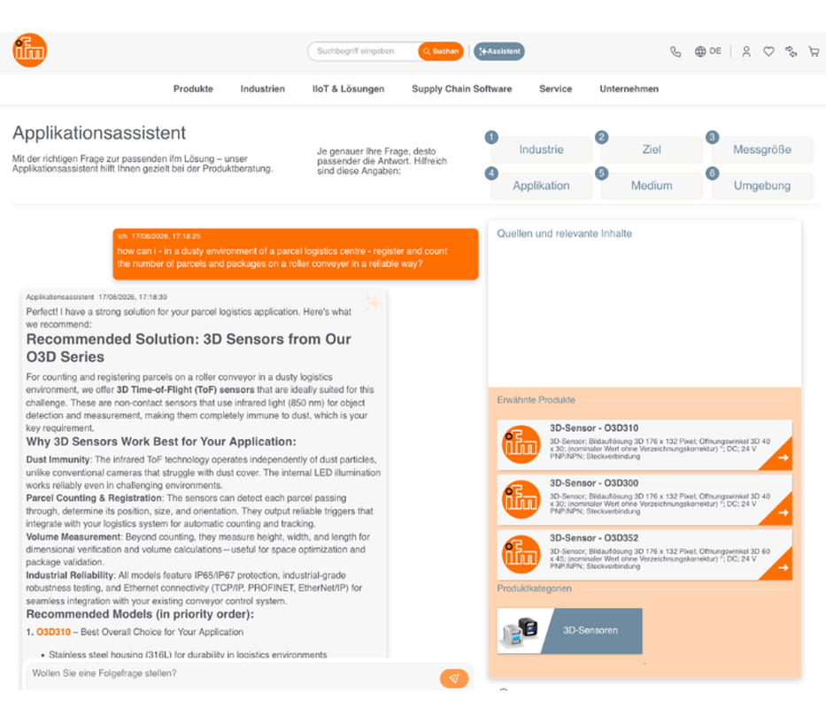 A webpage showing an application assistant for parcel logistics with a solution using 3D sensors for counting and registering parcels in dusty environments.
