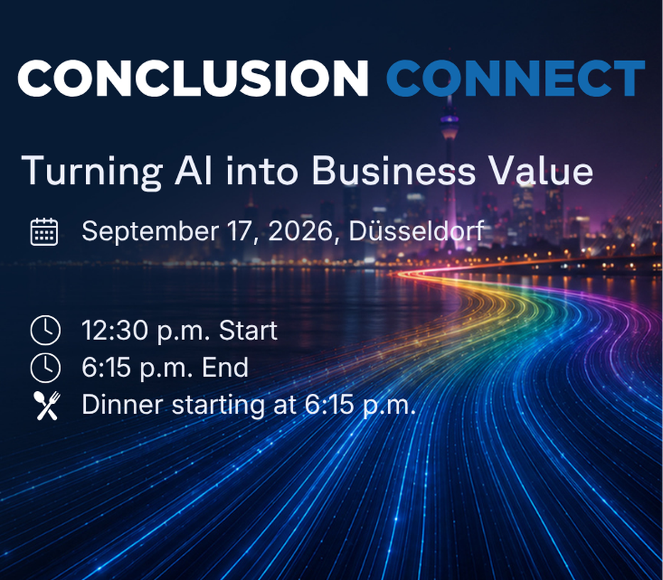 Event poster for "Conclusion Connect: Turning AI into Business Value" on September 17, 2026, in Düsseldorf. Colorful cityscape background.