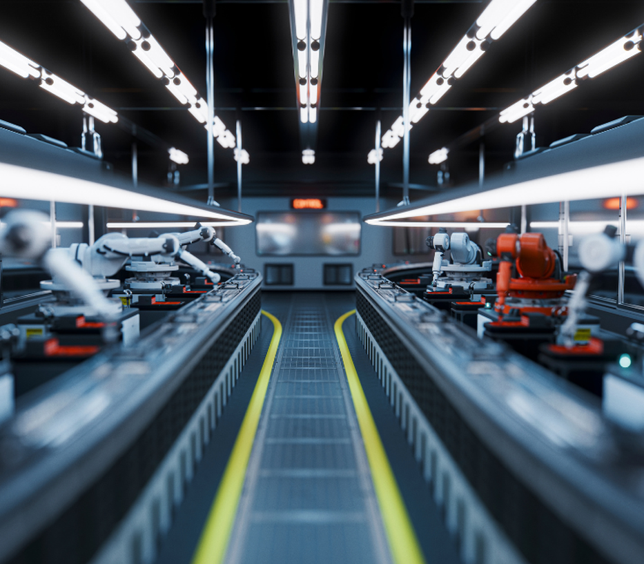 A futuristic factory with robotic arms aligned on both sides of a brightly lit, narrow conveyor belt in a sleek, sterile environment.