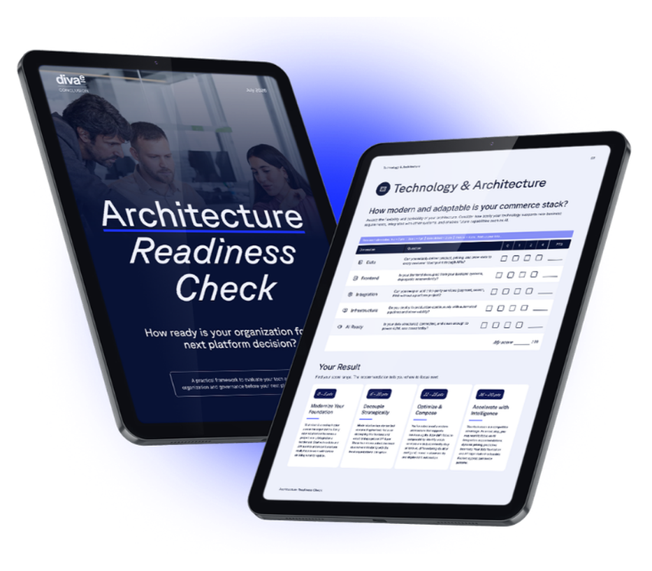Two tablets display architecture readiness and technology assessment tools, featuring checklists and results on a blue background.