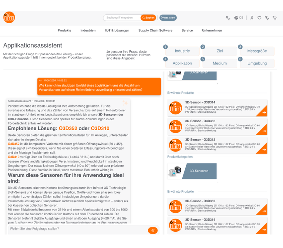 A webpage featuring an application assistant for product selection, with highlighted text and listings for 3D sensors including models Q3D352 and Q3D310.