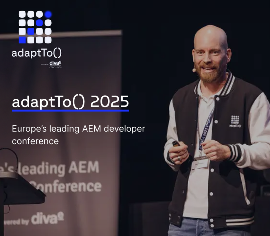 A speaker at the adaptTo() 2025 conference, Europe's leading AEM developer event, stands on stage holding a microphone and clicker.