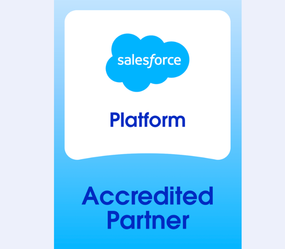 Salesforce Platform Accredited Partner badge with a blue cloud logo on a gradient background.