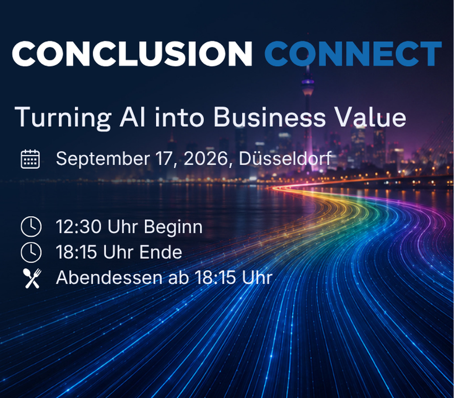 Invitation for "Conclusion Connect" event titled "Turning AI into Business Value," on September 17, 2026, in Düsseldorf.