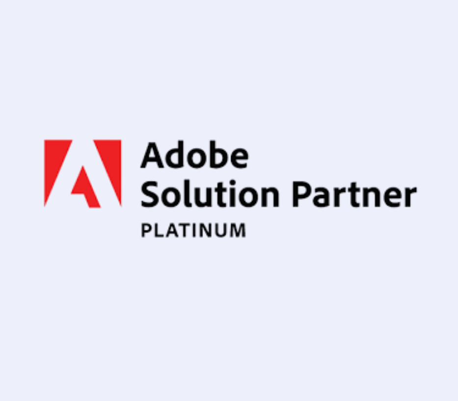 Adobe Solution Partner Platinum logo with a red stylized "A" and text on a light gray background.
