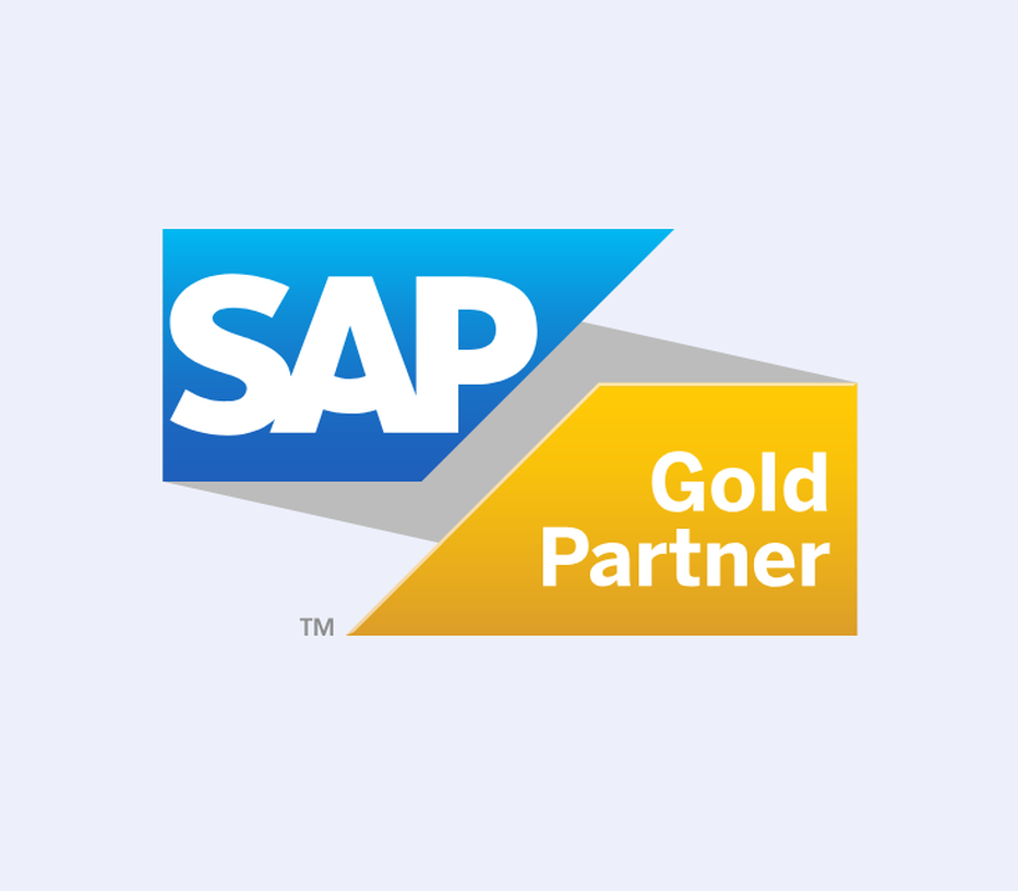 SAP Gold Partner logo, featuring a blue SAP triangle overlapping a gold rectangle with white text on a light background.
