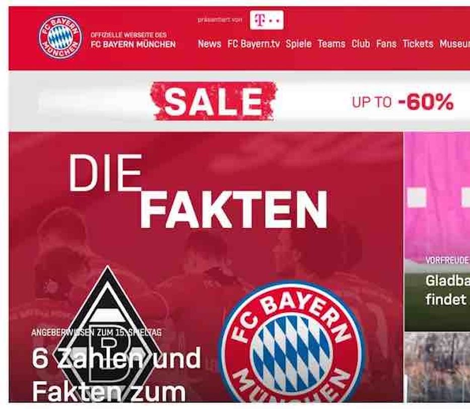 Bayern Munich website showing a sale banner with "Die Fakten" text and team logos on a red background.