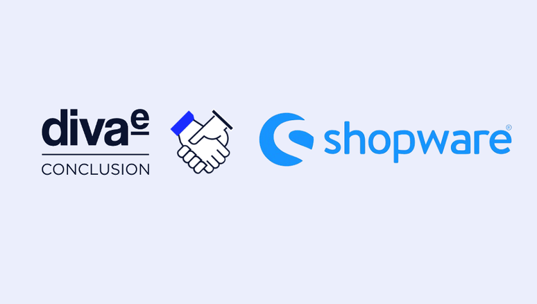 Logos von diva-e Conclusion und Shopware geben sich die Hand auf einem hellen Hintergrund