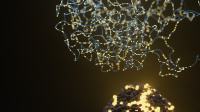 Round cluster of cells at the bottom of the screen, with some lit up in yellow. Above there is a long strand of DNA with sections highlighted in yellow