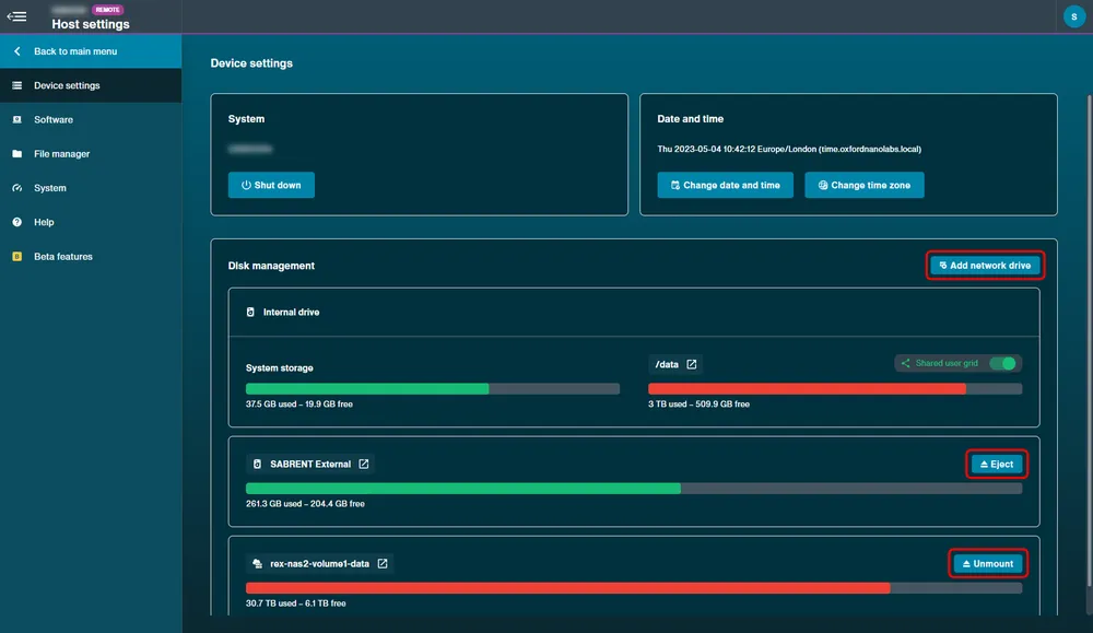 disk management panel - add drive, eject,and unmount buttons