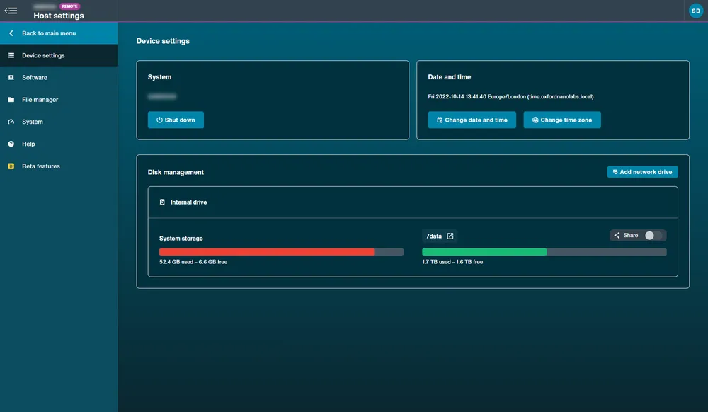 Device settings interface