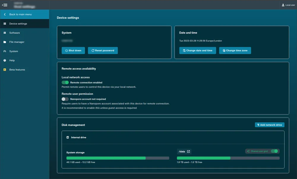 Device settings interface - directly connected
