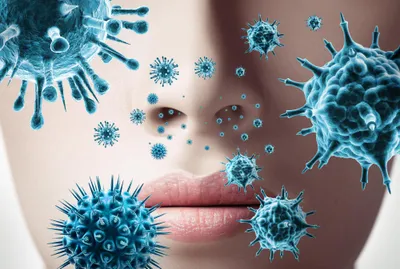 herpes viruses graphic in front of a human face