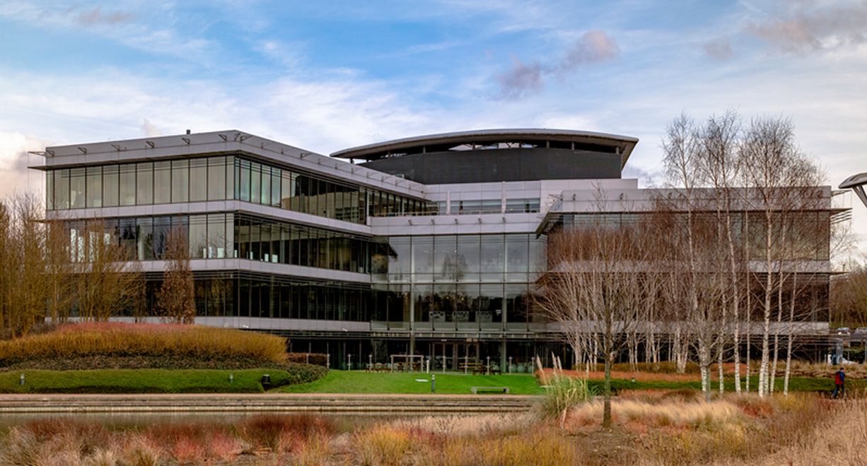The Gosling building at Oxford Science park, viewed from the back, across the pond.
