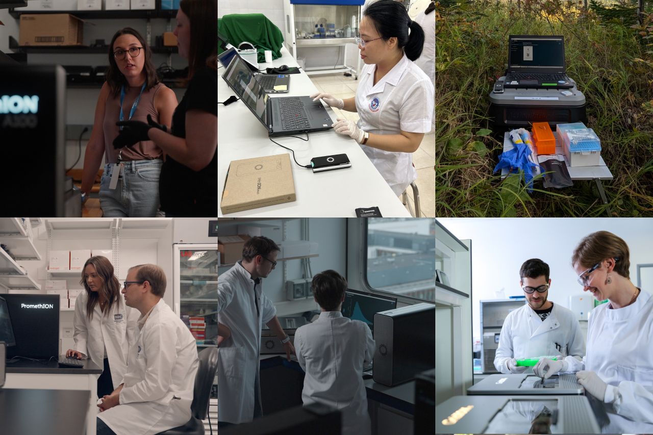 Grid of photographs showing applications of Nanopore sequencing around the world.