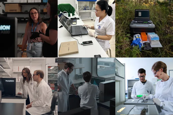 Grid of photographs showing applications of Nanopore sequencing around the world.