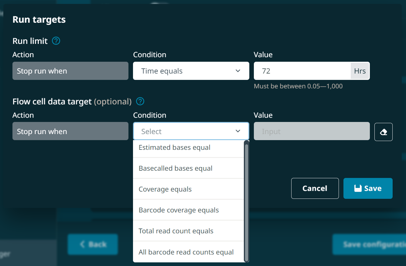 Run targets window showing data target conditions menu