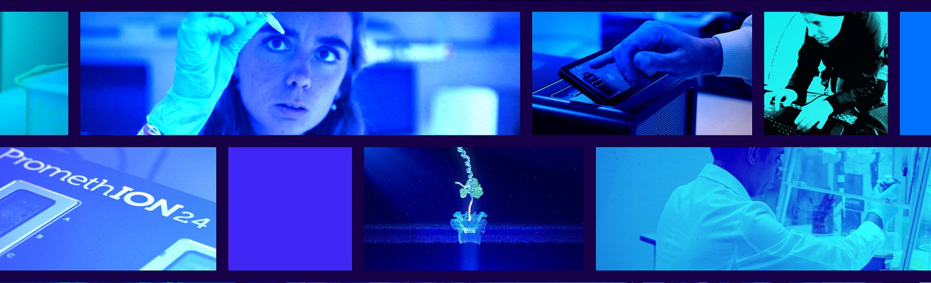 Stylized collage of Oxford Nanopore sequencing in the lab