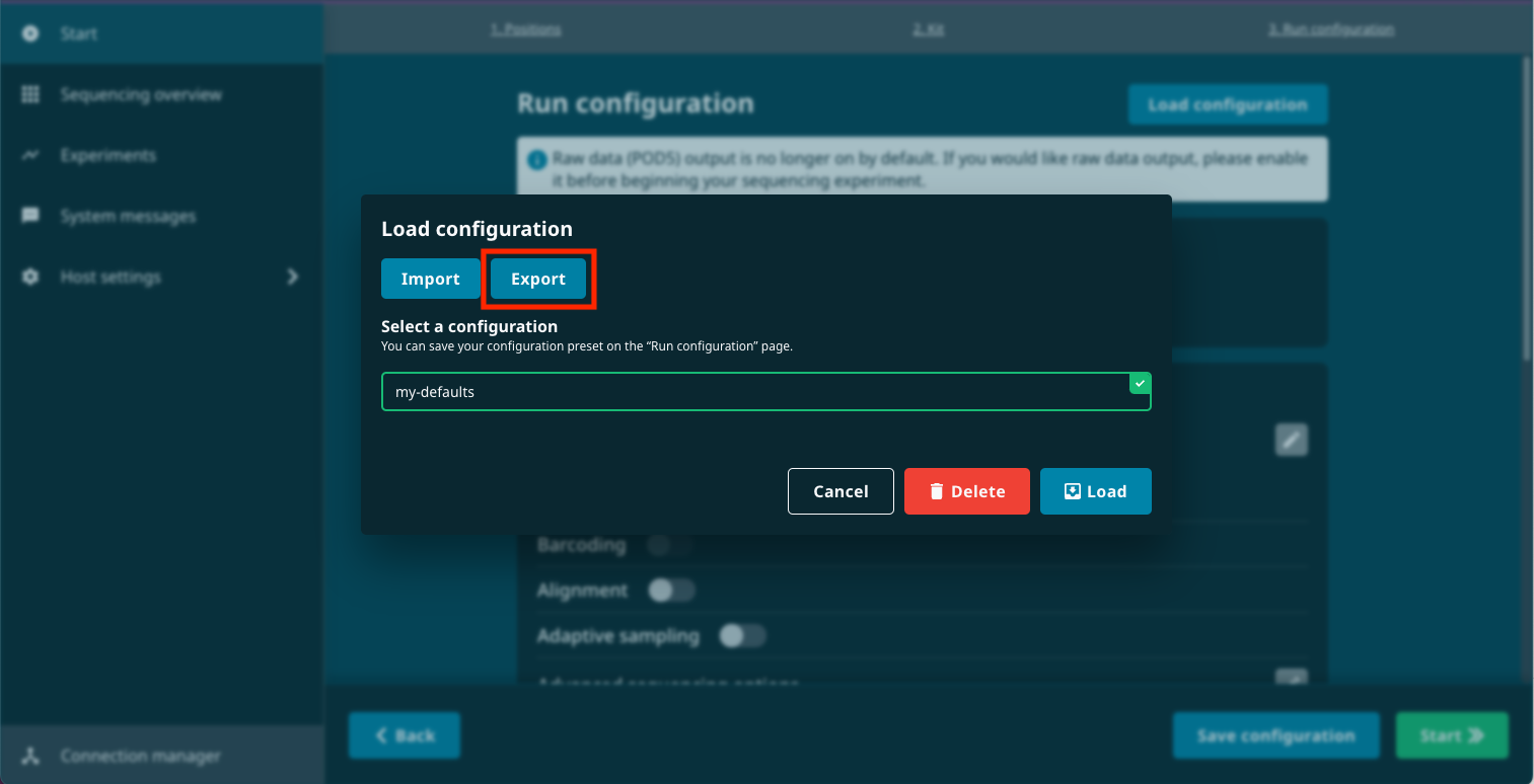 load config window - click export