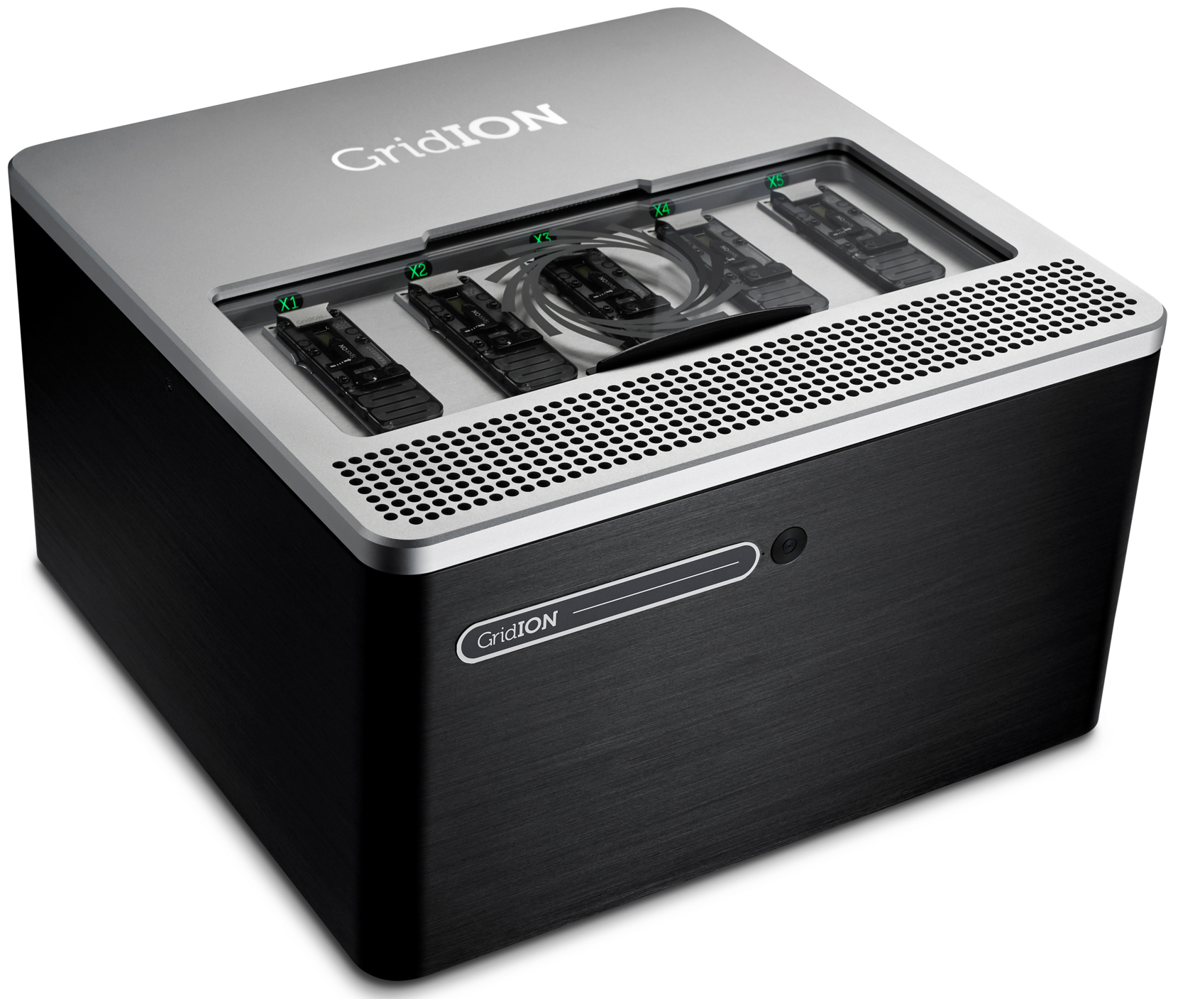 GridION side image showing five flow cell positions