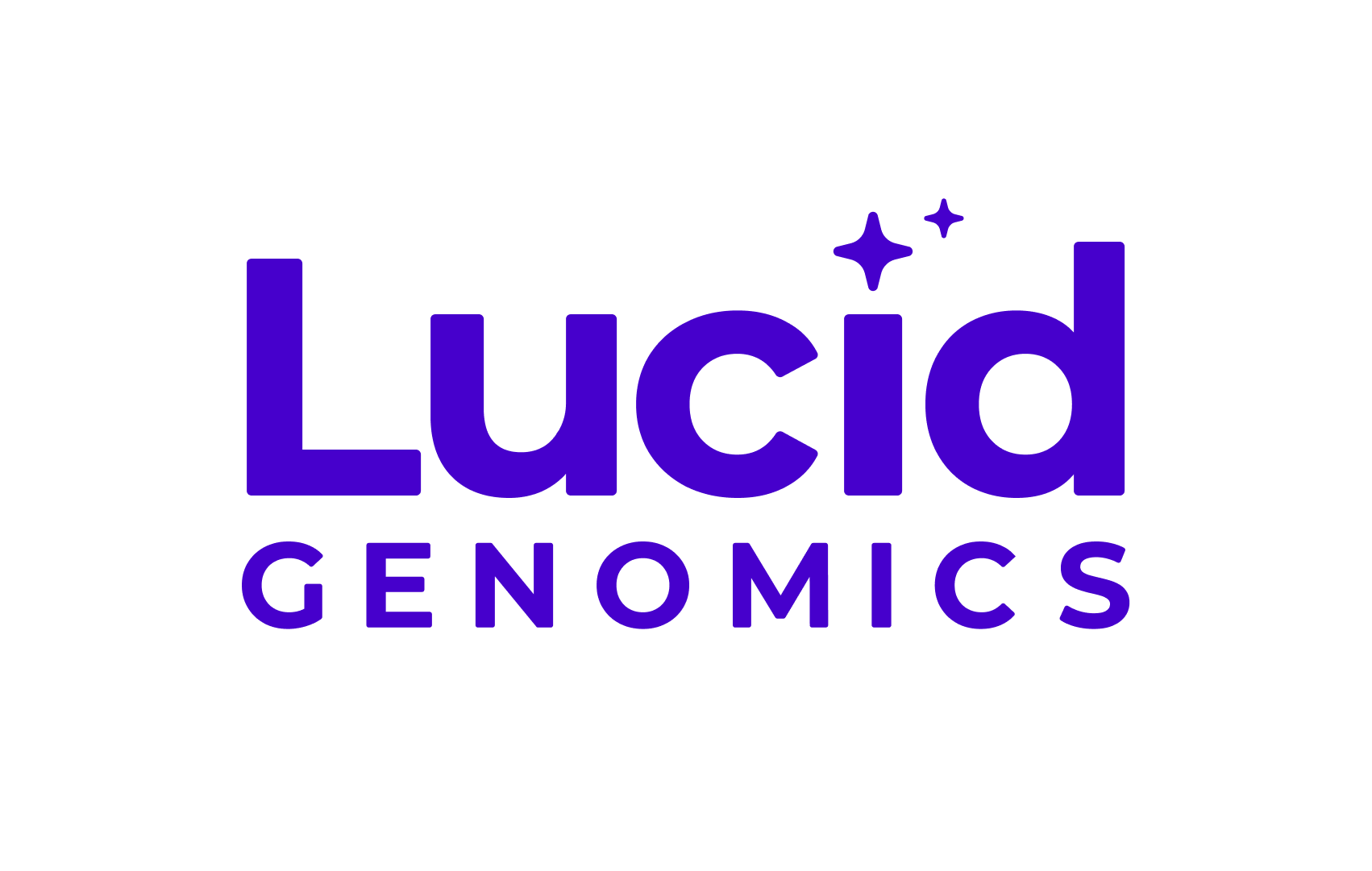 Bold purple "Lucid Genomics" logo with sparkling stars above the "i" on a transparent background.