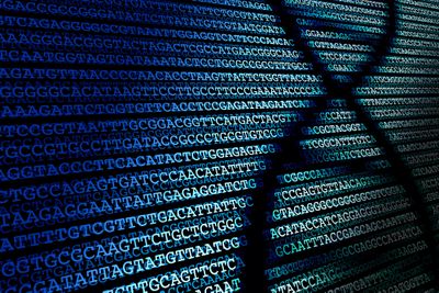 DNA helix shadow on background of DNA sequence