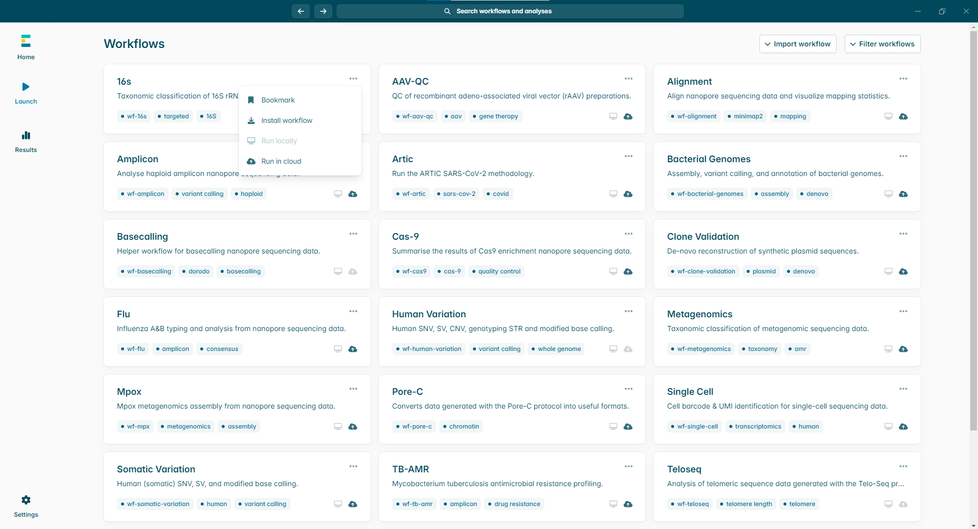 A screenshot of the workflow page of EPI2ME. You can see the range of workflows available. One of the workflows has been clicked on and shows the drop down list so you can see the options to download and run the workflow