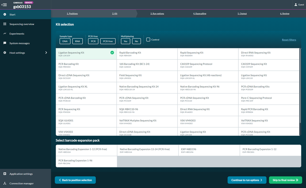 LSK109 sequencing kit selection