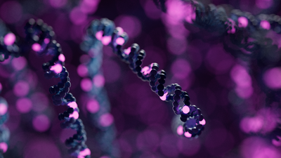 Animation of a DNA strand with glowing pink bases representing variants