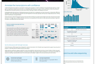 Flyer for Oxford Nanopore Technologies' cDNA-PCR Sequencing Kits, featuring graphs, diagrams, and key product benefits for transcriptome analysis.