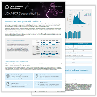 Flyer for Oxford Nanopore Technologies' cDNA-PCR Sequencing Kits, featuring graphs, diagrams, and key product benefits for transcriptome analysis.