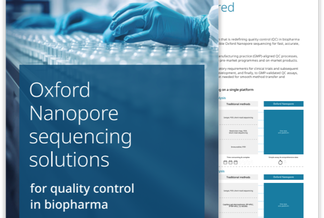 Cover of a brochure titled "Oxford Nanopore sequencing solutions for quality control in biopharma" with a background of lab work.