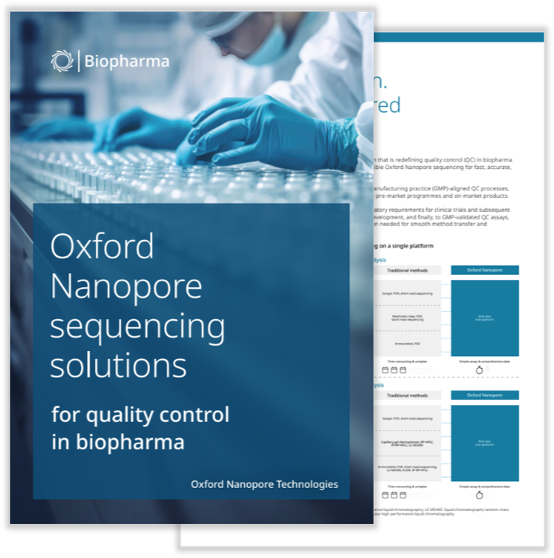 Cover of a brochure titled "Oxford Nanopore sequencing solutions for quality control in biopharma" with a background of lab work.