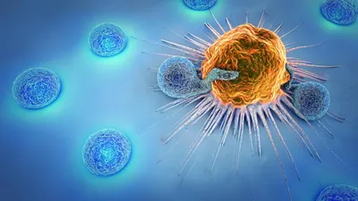 Lymphocytes killing cancer cell on blue background
