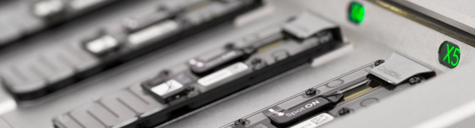 Close-up of MinION flow cells in a GridION