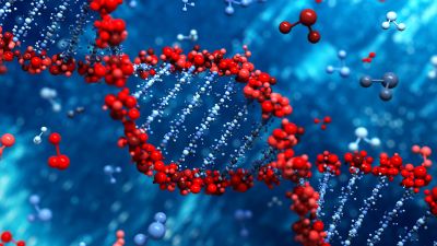 Red DNA double helix on blue background