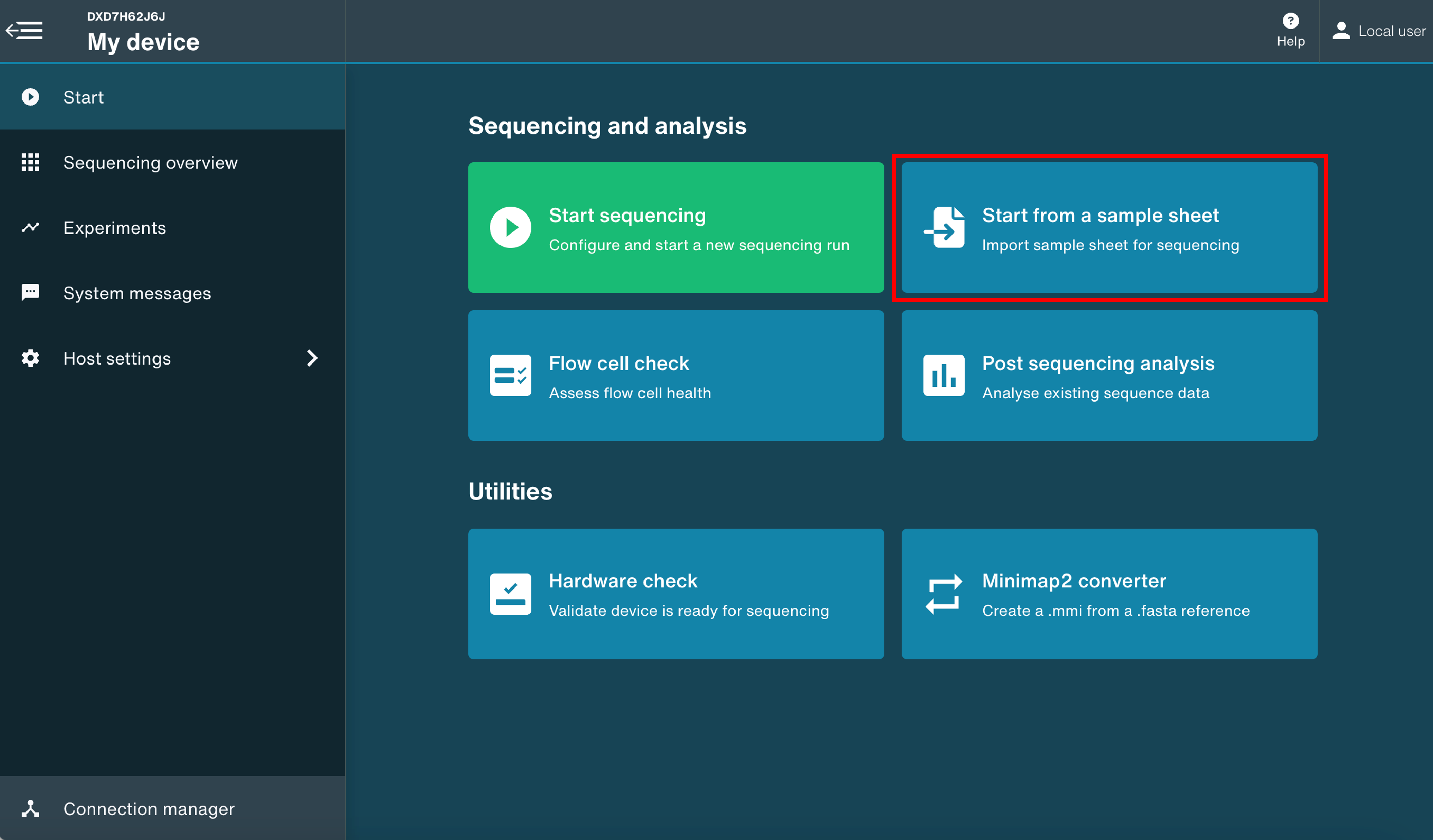 Click Start from a sample sheet