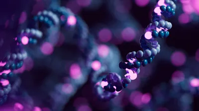 Grey DNA strand with some bases illuminated in purple