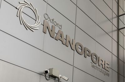 The Oxford Nanopore Technologies logo on the side of the Gosling building