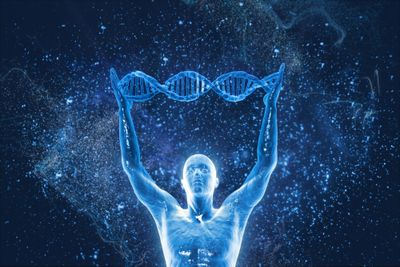 human holding dna helix above head