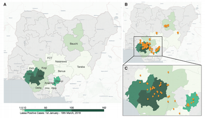 Lassa fever virus outbreak map Kafetzopoulou Jan2019