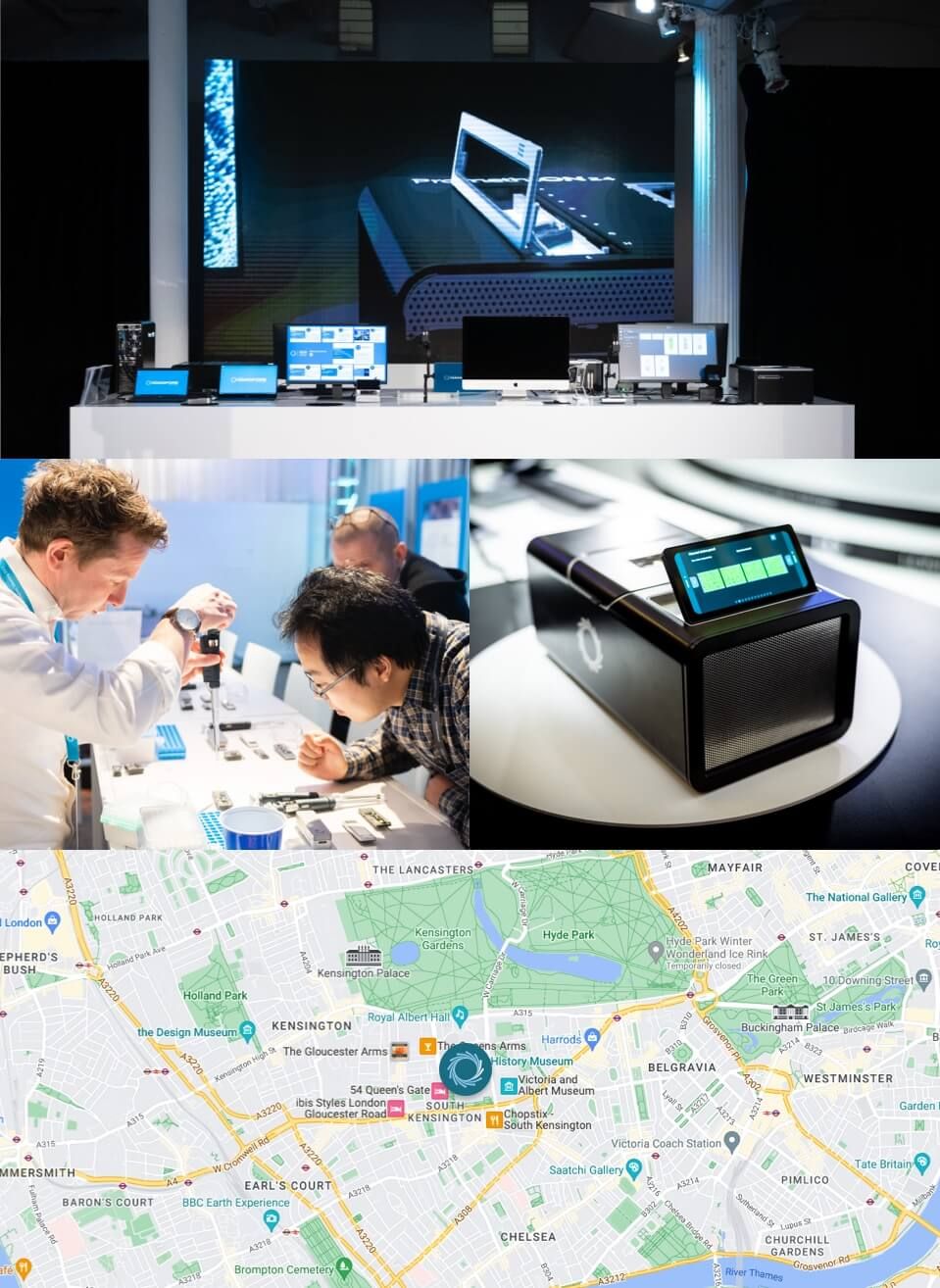 A collage showing the event location, and a PromethION 2 integrated