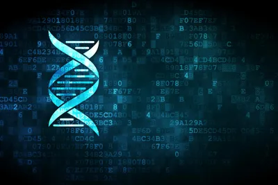 blue dna helix on black digital background of tiled dna sequence