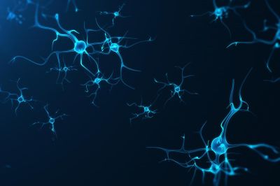 conceptual illustration of blue neuron cells with glowing link knots
