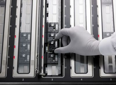 A PromethION Flow Cell being loaded on to a PromethION 48 device