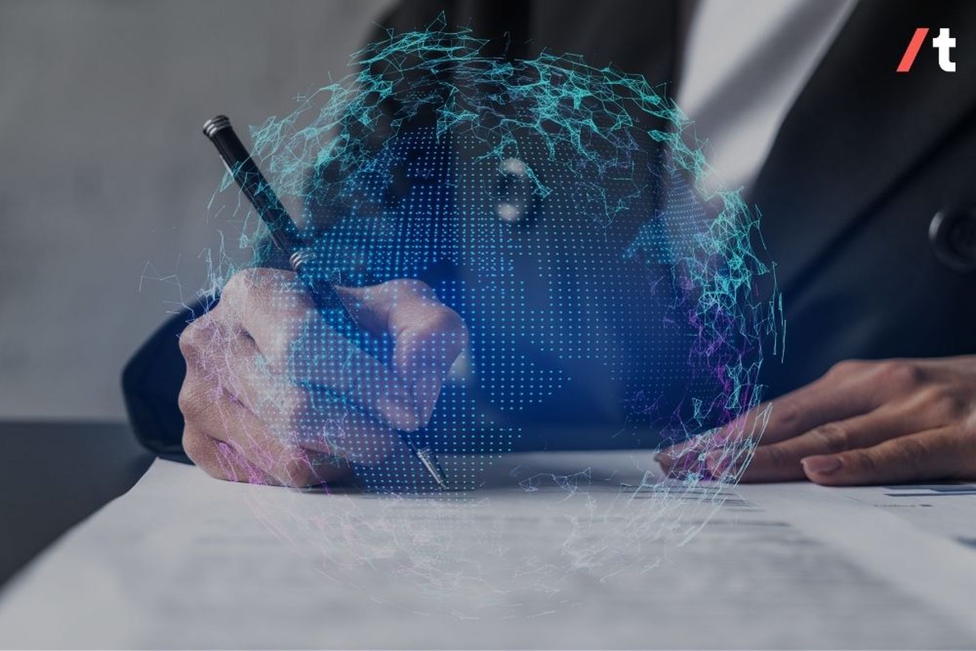 A person in a suit signs a document on a table, with a digital globe hologram overlaying the image, symbolizing global connectivity.